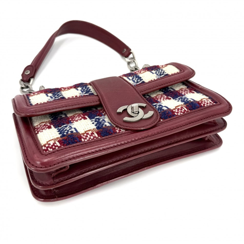CHANEL シャネル ショルダーバッグ ココマーク チェック ハンドバッグ ツイード レザー レッド 赤 シルバー金具 レディース【中古品】