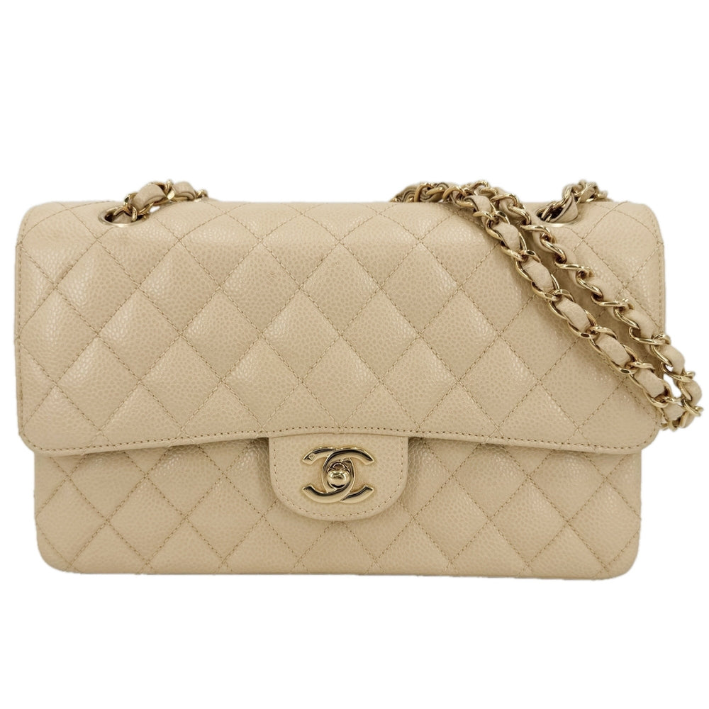 CHANEL シャネル ショルダーバッグ マトラッセ25 ダブルチェーン ダブルフラップ ココマーク ターンロック キャビアスキン ベージュ ゴールド金具 レディース【中古品】