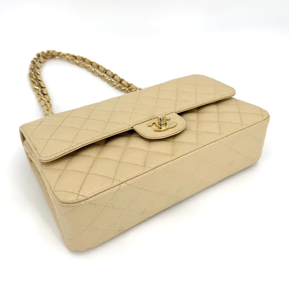 CHANEL シャネル ショルダーバッグ マトラッセ25 ダブルチェーン ダブルフラップ ココマーク ターンロック キャビアスキン ベージュ ゴールド金具 レディース【中古品】