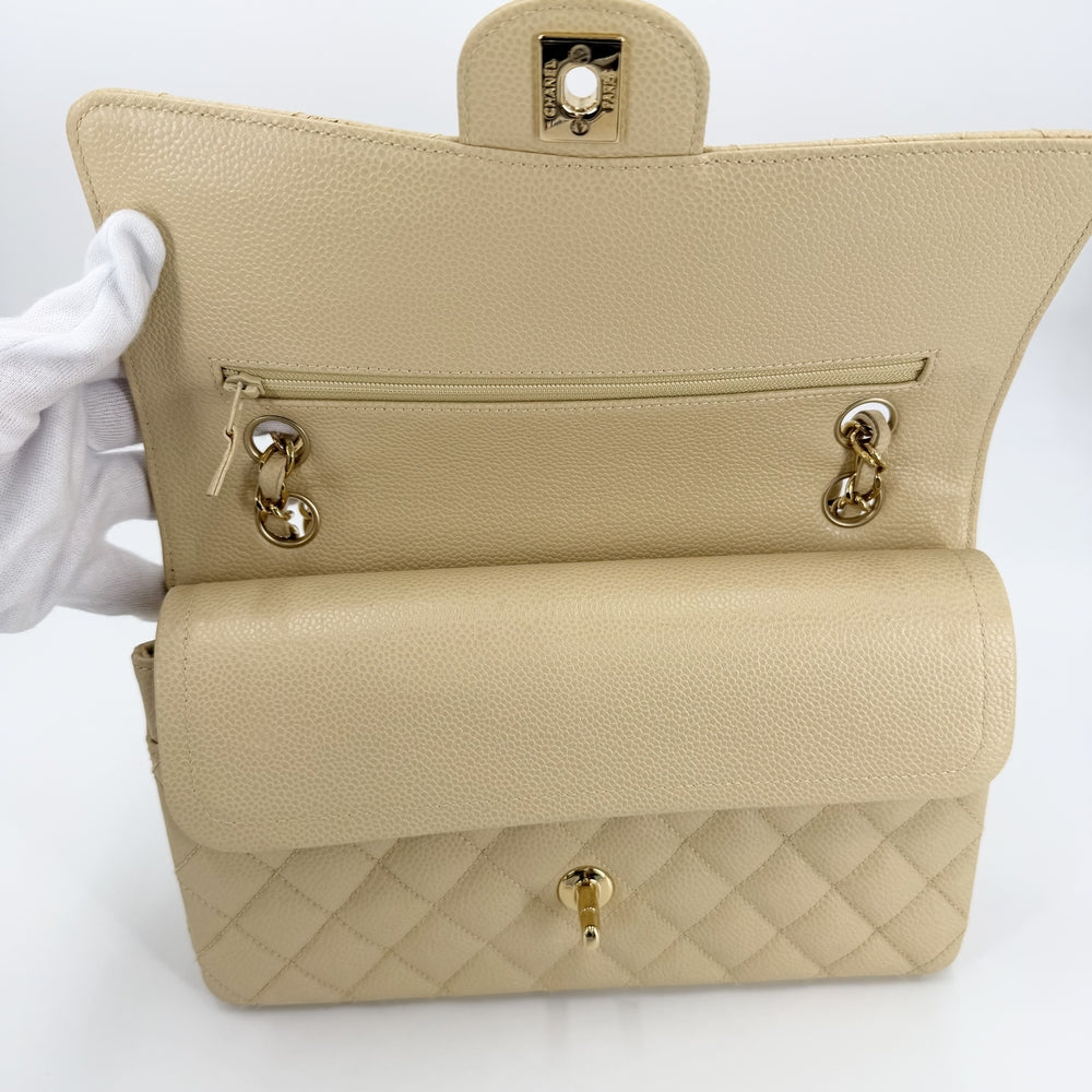 CHANEL シャネル ショルダーバッグ マトラッセ25 ダブルチェーン ダブルフラップ ココマーク ターンロック キャビアスキン ベージュ ゴールド金具 レディース【中古品】