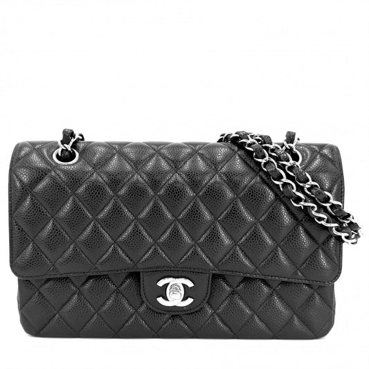 【開店SALE】 CHANEL シャネル ショルダーバッグ マトラッセ25 ダブルチェーン ダブルフラップ ココマーク ターンロック キャビアスキン ブラック 黒 シルバー金具 レディース【中古品】