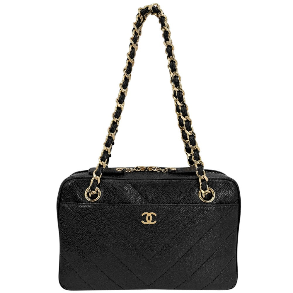 【開店SALE】 CHANEL シャネル ショルダーバッグ シェブロン Vステッチ ココマーク チェーンショルダー キャビアスキン ブラック 黒 ゴールド金具 レディース【中古品】
