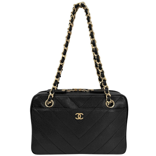 【開店SALE】 CHANEL シャネル ショルダーバッグ シェブロン Vステッチ ココマーク チェーンショルダー キャビアスキン ブラック 黒 ゴールド金具 レディース【中古品】