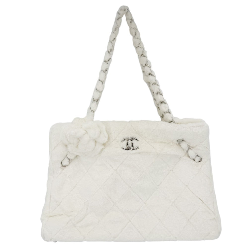 CHANEL シャネル トートバッグ カメリア マトラッセ チェーン ココマーク ハンドバッグ フェイクファー ホワイト 白 シルバー金具 レディース【中古品】