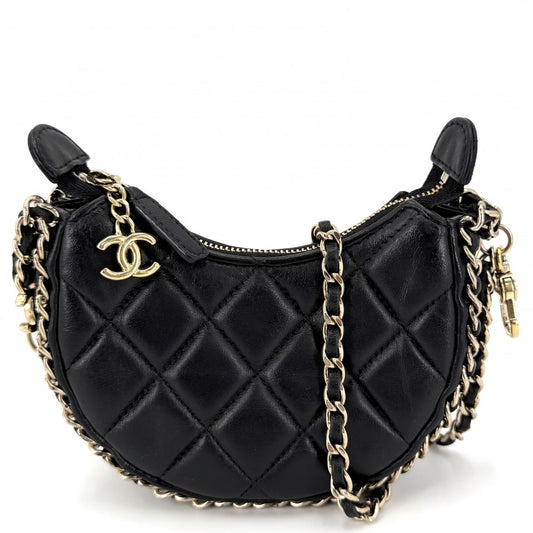 CHANEL シャネル ショルダーバッグ ココマーク スモールホーボー マトラッセ ミニバッグ チェーンショルダー ラムスキン ブラック 黒 ゴールド金具 レディース【中古品】