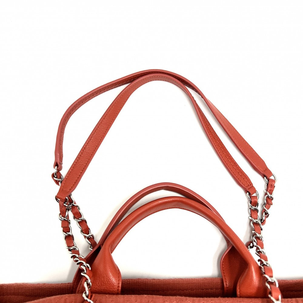 CHANEL シャネル 2WAY ドーヴィル チェーン ハンドバッグ トートバッグ フリンジ ロゴ ココマーク キャンバス レザー レッド系 シルバー金具 レディース【中古品】