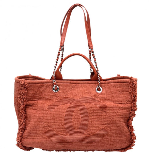 CHANEL シャネル 2WAY ドーヴィル チェーン ハンドバッグ トートバッグ フリンジ ロゴ ココマーク キャンバス レザー レッド系 シルバー金具 レディース【中古品】