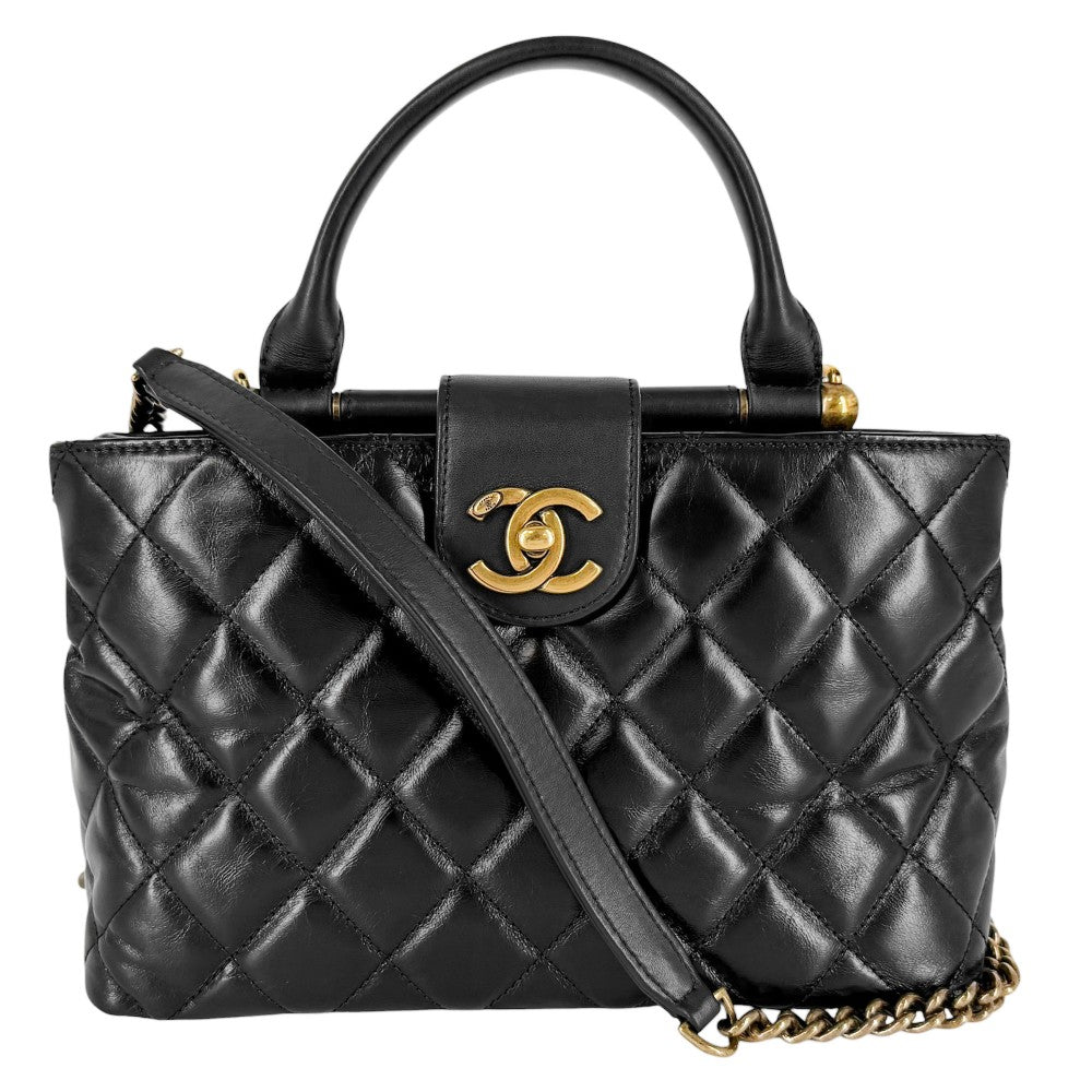 CHANEL シャネル 2WAY マトラッセ ターンロック ショルダーバッグ ハンドバッグ ココマーク レザー ブラック 黒 アンティークゴールド金具 レディース【中古品】