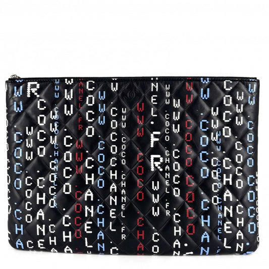 CHANEL シャネル クラッチバッグ マトラッセ タイポグラフィー ココマーク セカンドバッグ ラムスキン ブラック 黒 マルチカラー シルバー金具 レディース【中古品】