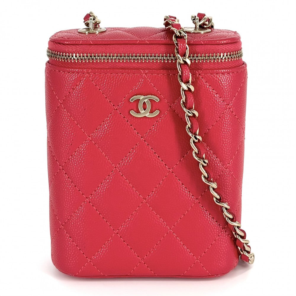 【開店SALE】 CHANEL シャネル ショルダーバッグ マトラッセ バニティポーチ チェーンショルダー ミニポシェット ココマーク キャビアスキン レッド系 ゴールド金具 レディース【中古品】