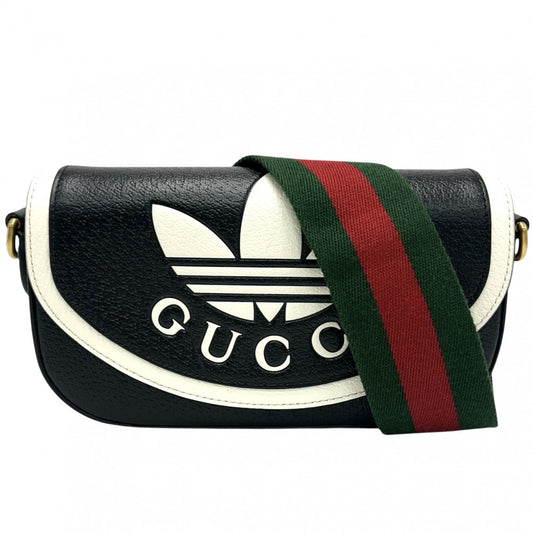 GUCCI グッチ ショルダーバッグ アディダスコラボ ミニショルダーバッグ adidas かばん 鞄 727791 レザー ブラック 黒 ホワイト 白 ゴールド金具 レディース【中古品】