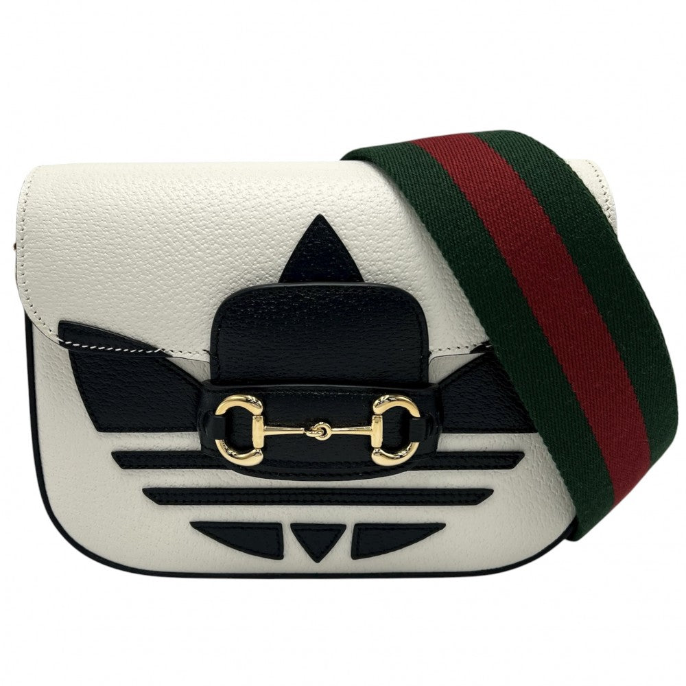 GUCCI グッチ 2WAY アディダスコラボ ホースビット1995 ハンドバッグ ショルダーバッグ adidas シェリーライン 658574 レザー ホワイト 白 ブラック 黒 ゴールド金具 レディース【中古品】