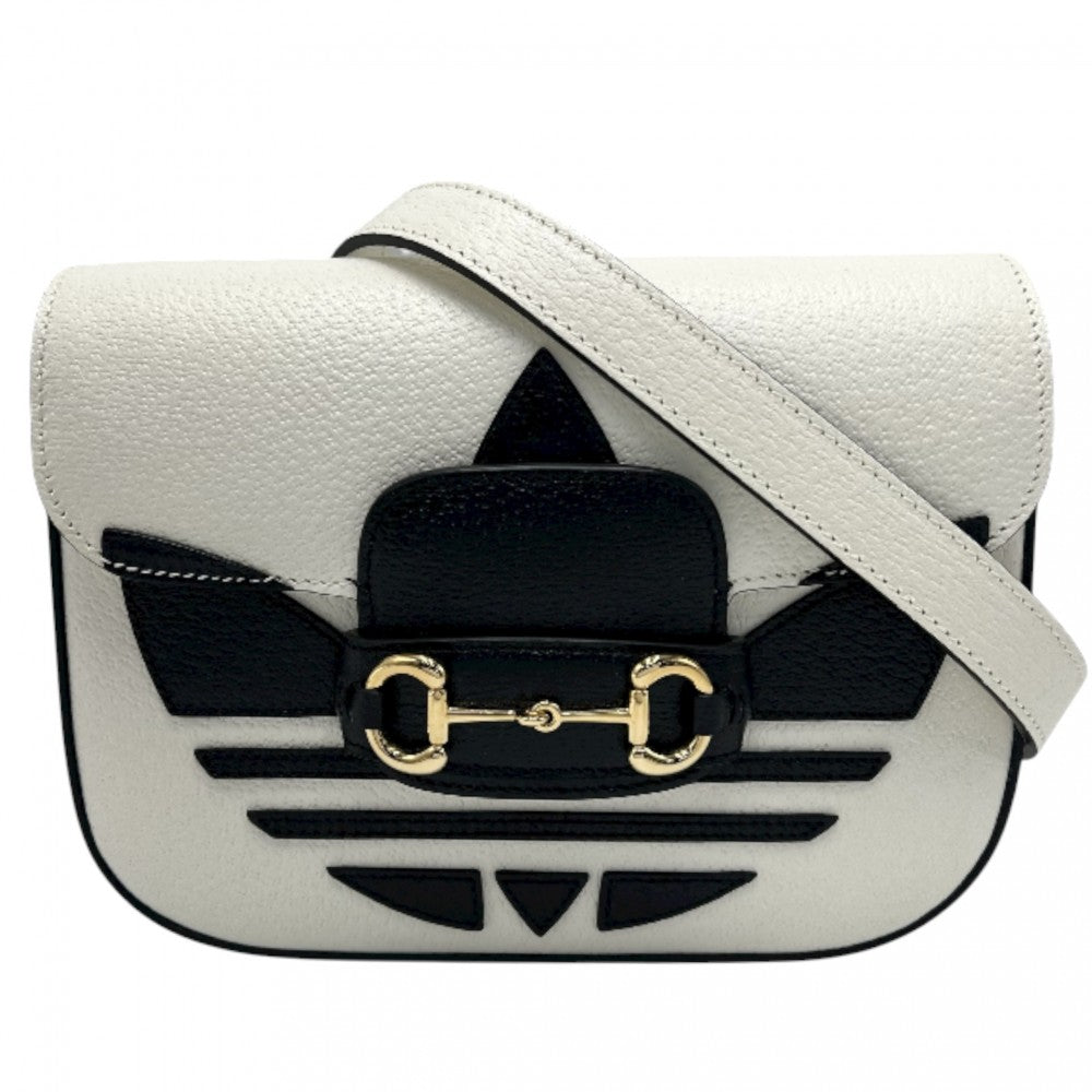 GUCCI グッチ 2WAY アディダスコラボ ホースビット1995 ハンドバッグ ショルダーバッグ adidas シェリーライン 658574 レザー ホワイト 白 ブラック 黒 ゴールド金具 レディース【中古品】