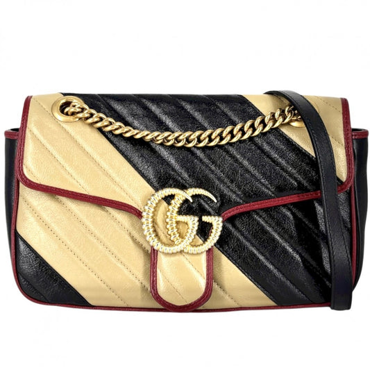 【開店SALE】 GUCCI グッチ 2WAY GGマーモント キルティングスモールチェーンショルダー ハンドバッグ ショルダーバッグ 鞄 かばん 443497 レザー ブラック 黒 ベージュ アンティークゴールド金具 レディース【中古品】