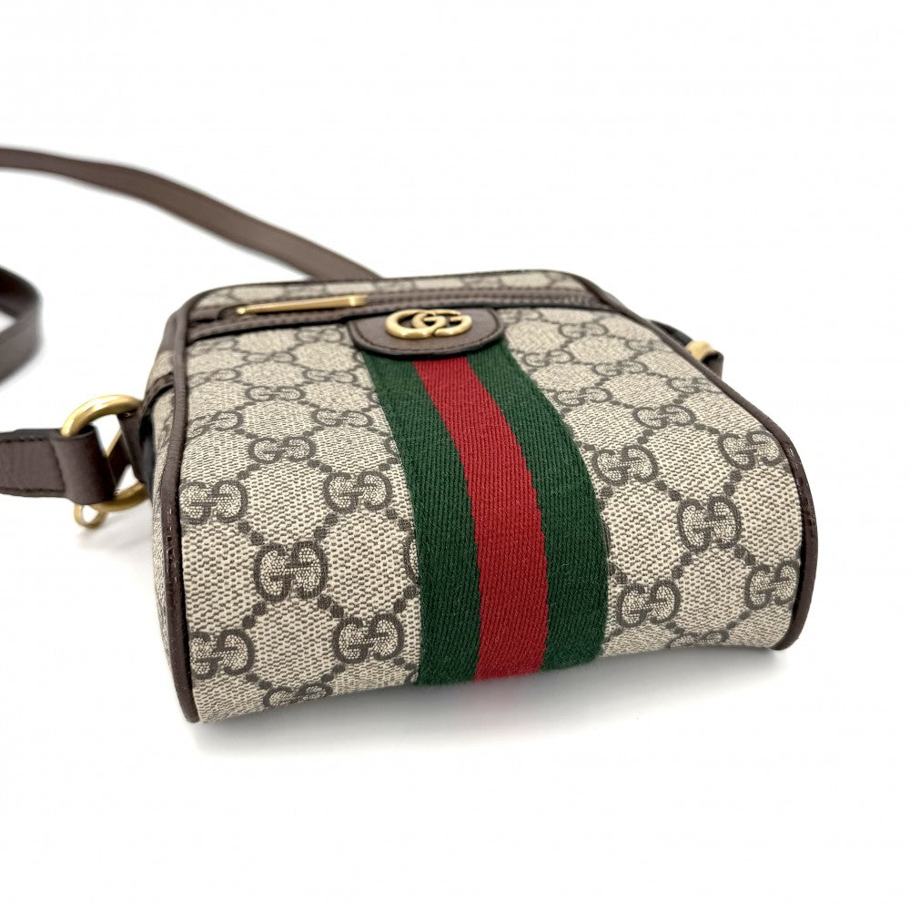 【開店SALE】 GUCCI グッチ ショルダーバッグ オフィディア ウェブストライプ ミニ メッセンジャーバッグ 小さめ 598127 GGスプリームキャンバス レザー ベージュ ブラウン 茶 アンティークゴールド金具 レディース【中古品】