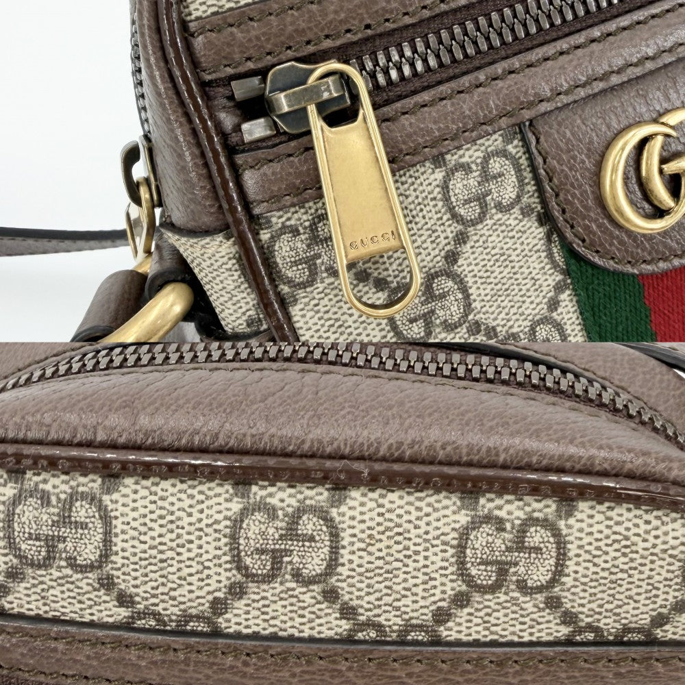 【開店SALE】 GUCCI グッチ ショルダーバッグ オフィディア ウェブストライプ ミニ メッセンジャーバッグ 小さめ 598127 GGスプリームキャンバス レザー ベージュ ブラウン 茶 アンティークゴールド金具 レディース【中古品】