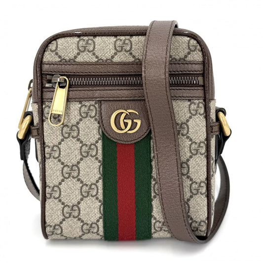 【開店SALE】 GUCCI グッチ ショルダーバッグ オフィディア ウェブストライプ ミニ メッセンジャーバッグ 小さめ 598127 GGスプリームキャンバス レザー ベージュ ブラウン 茶 アンティークゴールド金具 レディース【中古品】
