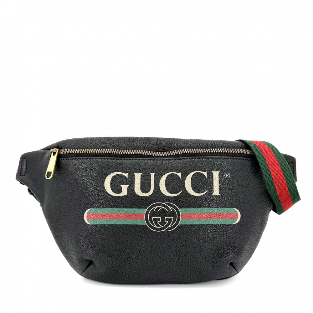 【開店SALE】 GUCCI グッチ ウエストバッグ ロゴプリント ボディバッグ シェリーライン 530412 レザー ブラック 黒 ゴールド金具 ユニセックス【中古品】
