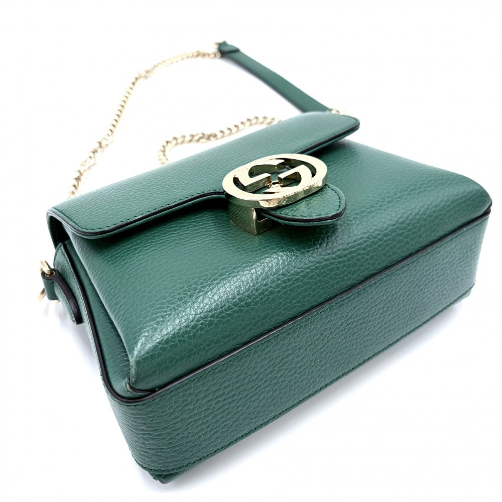 GUCCI グッチ ショルダーバッグ インターロッキングG チェーン 607720 レザー グリーン 緑 ゴールド金具 レディース【中古品】