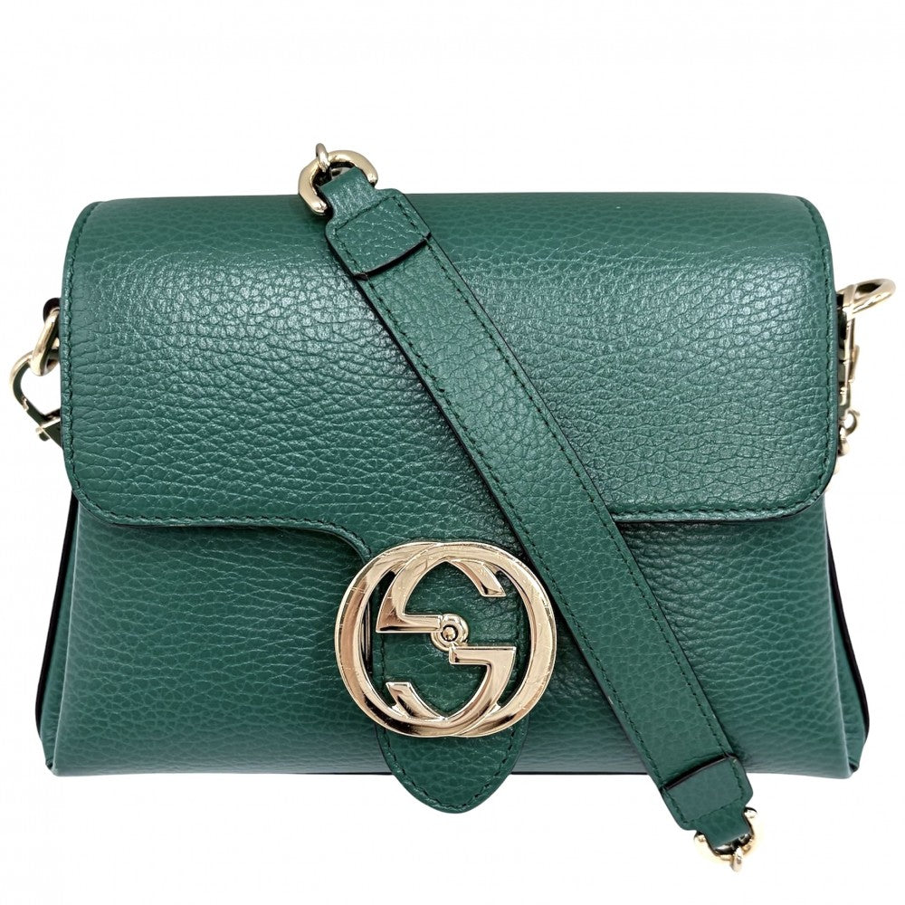 GUCCI グッチ ショルダーバッグ インターロッキングG チェーン 607720 レザー グリーン 緑 ゴールド金具 レディース【中古品】