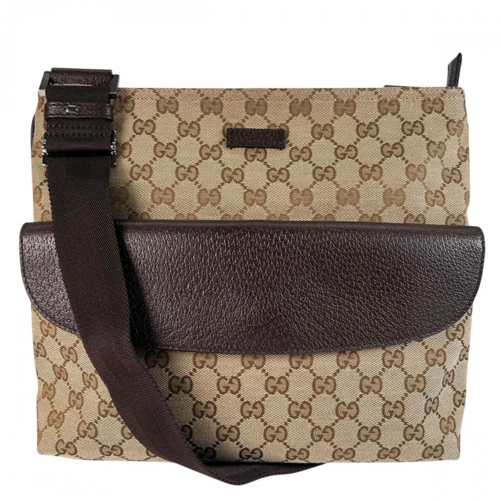 GUCCI グッチ ショルダーバッグ メッセンジャーバッグ 256100 GGキャンバス レザー ブラウン 茶 シルバー金具 メンズ【中古品】