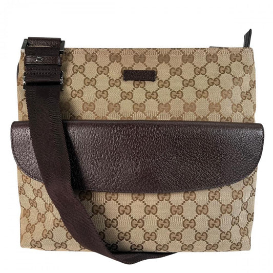 GUCCI グッチ ショルダーバッグ メッセンジャーバッグ 256100 GGキャンバス レザー ブラウン 茶 シルバー金具 メンズ【中古品】