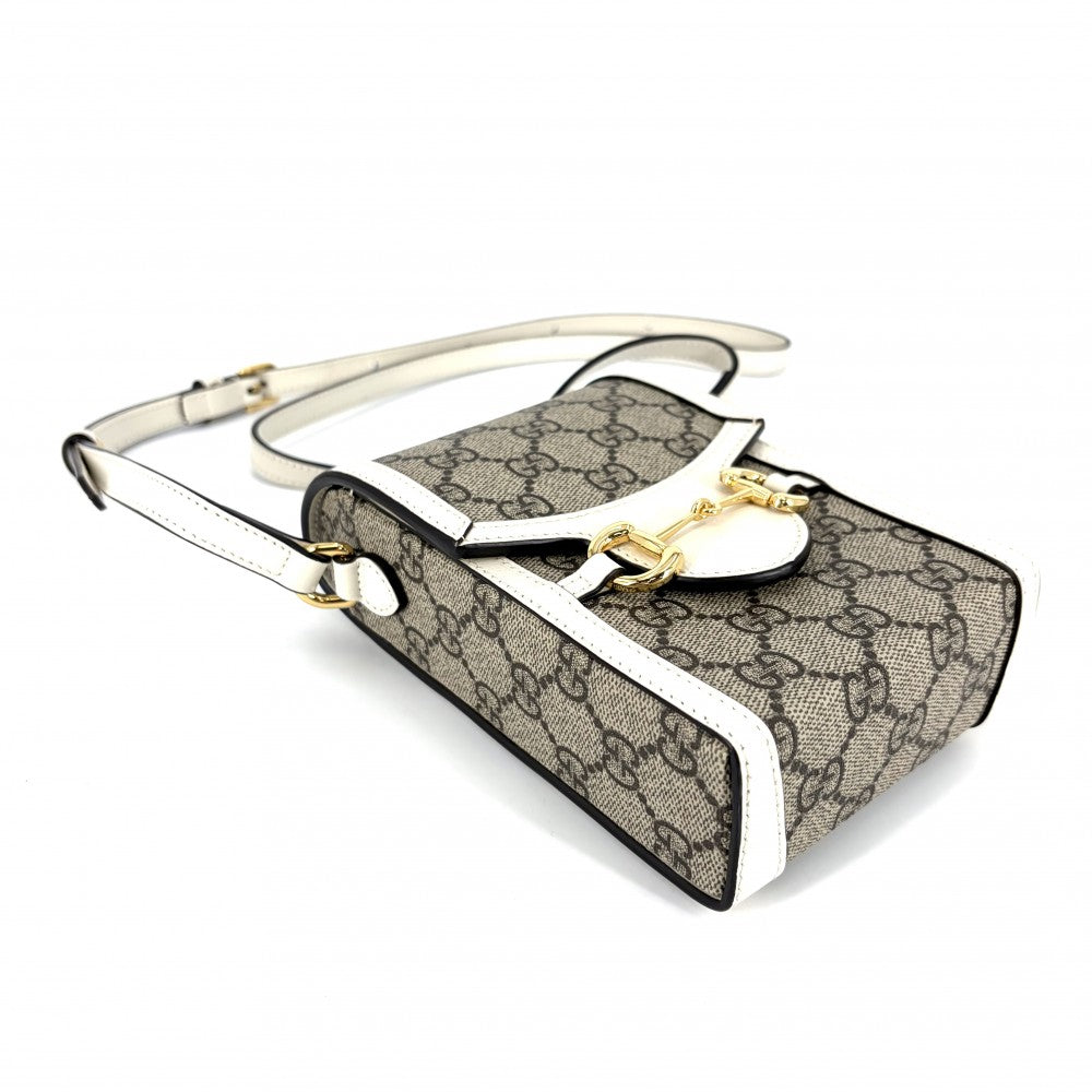GUCCI グッチ ショルダーバッグ ホースビット1955 ミニバッグ ポシェット 625615 GGスプリームキャンバス レザー ホワイト 白 ベージュ ゴールド金具 レディース【中古品】