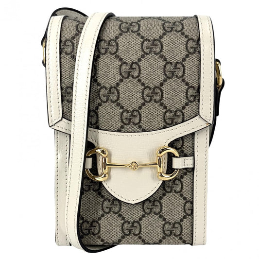 GUCCI グッチ ショルダーバッグ ホースビット1955 ミニバッグ ポシェット 625615 GGスプリームキャンバス レザー ホワイト 白 ベージュ ゴールド金具 レディース【中古品】