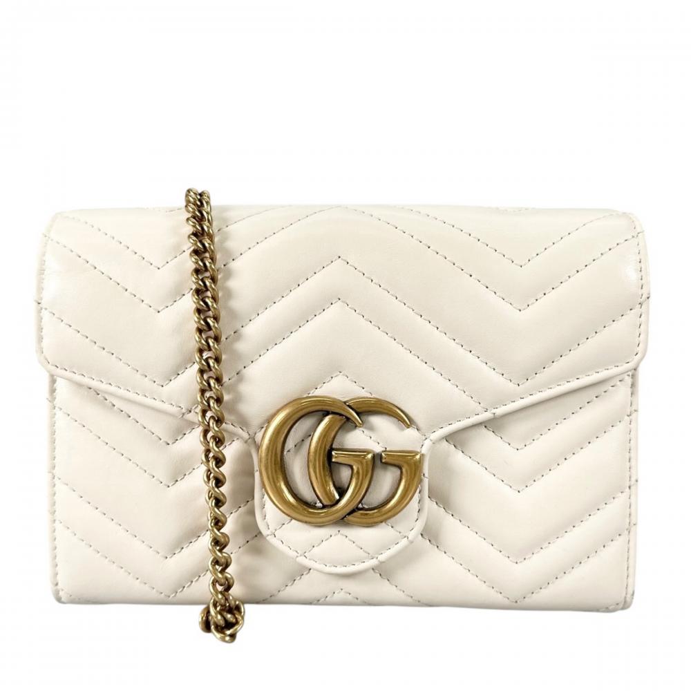 GUCCI グッチ ショルダーバッグ チェーンウォレット GGマーモント GGロゴ シェブロン キルティング 474575 レザー ホワイト 白 ゴールド金具 レディース【中古品】
