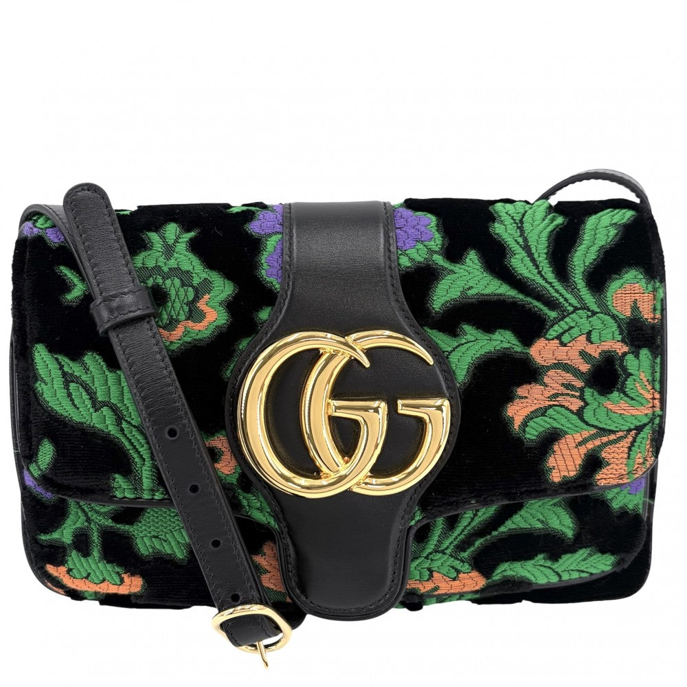 GUCCI グッチ ショルダーバッグ GGマーモント アリー 刺繍 550129 ベロア レザー ブラック 黒 グリーン 緑 ゴールド金具 レディース【中古品】