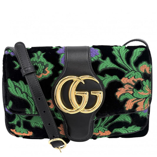 GUCCI グッチ ショルダーバッグ GGマーモント アリー 刺繍 550129 ベロア レザー ブラック 黒 グリーン 緑 ゴールド金具 レディース【中古品】