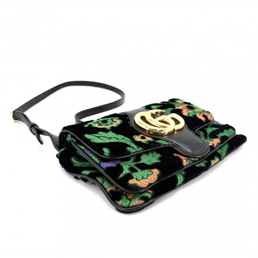 GUCCI グッチ ショルダーバッグ GGマーモント アリー 刺繍 550129 ベロア レザー ブラック 黒 グリーン 緑 ゴールド金具 レディース【中古品】