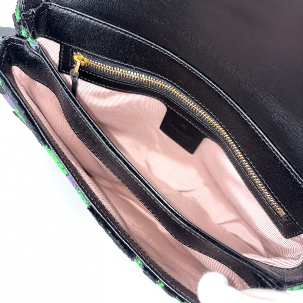 GUCCI グッチ ショルダーバッグ GGマーモント アリー 刺繍 550129 ベロア レザー ブラック 黒 グリーン 緑 ゴールド金具 レディース【中古品】