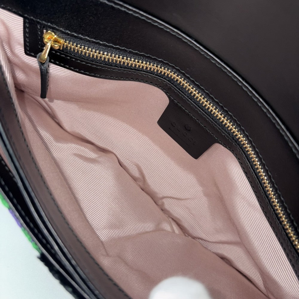 GUCCI グッチ ショルダーバッグ GGマーモント アリー 刺繍 550129 ベロア レザー ブラック 黒 グリーン 緑 ゴールド金具 レディース【中古品】