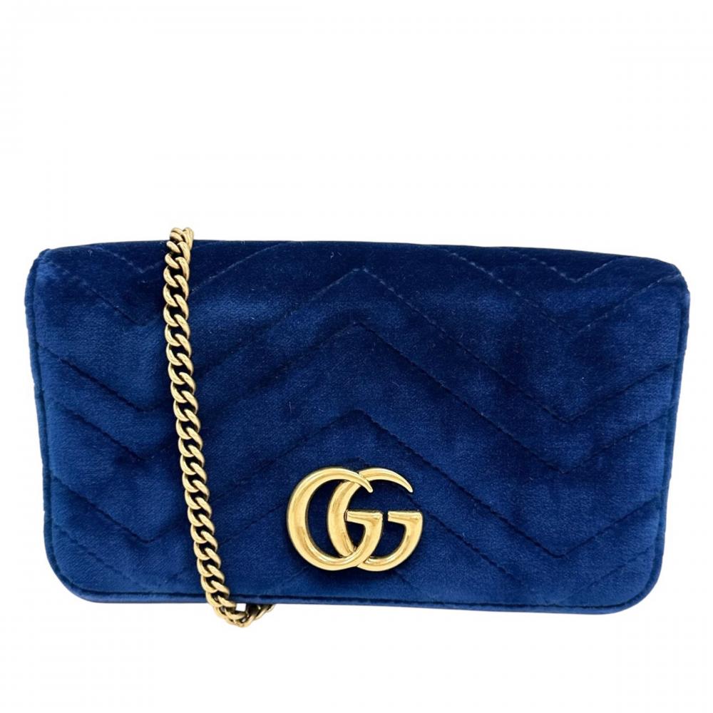 GUCCI グッチ ショルダーバッグ GGマーモント ロゴ金具 488426 ベルベット レザー ブルー 青 ゴールド金具 レディース【中古品】