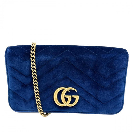 GUCCI グッチ ショルダーバッグ GGマーモント ロゴ金具 488426 ベルベット レザー ブルー 青 ゴールド金具 レディース【中古品】
