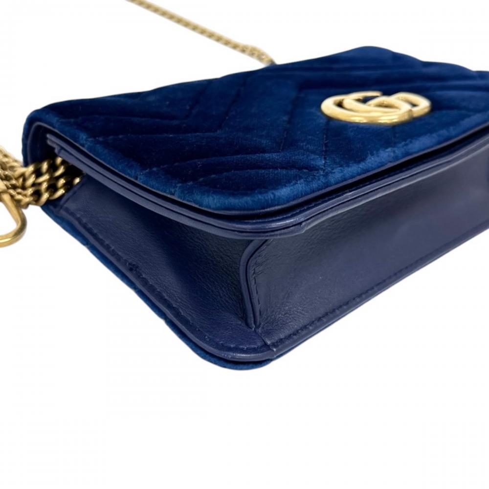 GUCCI グッチ ショルダーバッグ GGマーモント ロゴ金具 488426 ベルベット レザー ブルー 青 ゴールド金具 レディース【中古品】
