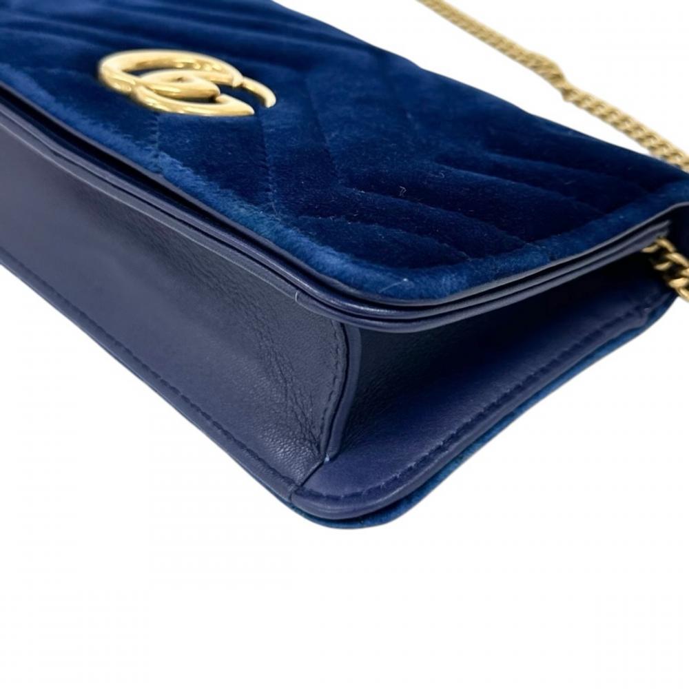 GUCCI グッチ ショルダーバッグ GGマーモント ロゴ金具 488426 ベルベット レザー ブルー 青 ゴールド金具 レディース【中古品】