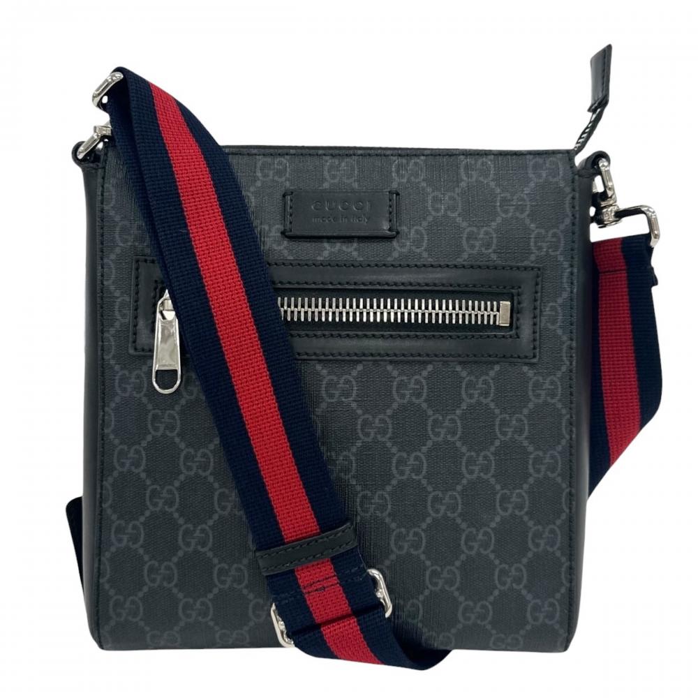 GUCCI グッチ ショルダーバッグ ウェブ ストライプ 523599 GGスプリームキャンバス レザー ブラック 黒 レッド 赤 シルバー金具 メンズ【中古品】