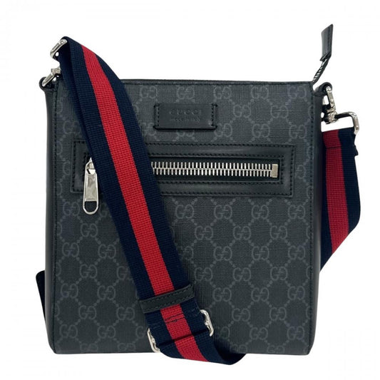 GUCCI グッチ ショルダーバッグ ウェブ ストライプ 523599 GGスプリームキャンバス レザー ブラック 黒 レッド 赤 シルバー金具 メンズ【中古品】