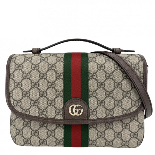 GUCCI グッチ 2WAY オフィディア ミディアム トップハンドルバッグ ハンドバッグ ショルダーバッグ 836842 GGスプリームキャンバス レザー ベージュ ブラウン 茶 ゴールド金具 レディース【中古品】