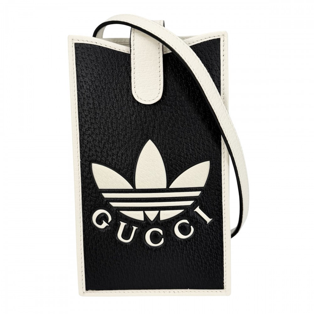 GUCCI グッチ ショルダーバッグ アディダスコラボ スマホショルダー フォンポーチ adidas 702203 レザー ブラック 黒 ホワイト 白 ゴールド金具 レディース【中古品】