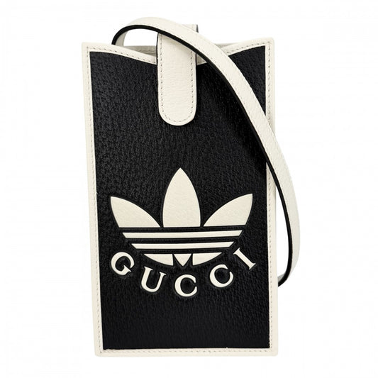 GUCCI グッチ ショルダーバッグ アディダスコラボ スマホショルダー フォンポーチ adidas 702203 レザー ブラック 黒 ホワイト 白 ゴールド金具 レディース【中古品】