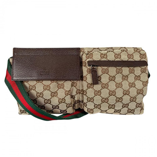 GUCCI グッチ ウエストバッグ シェリーライン ウエストポーチ 28566 GGキャンバス レザー ベージュ シルバー金具 メンズ【中古品】