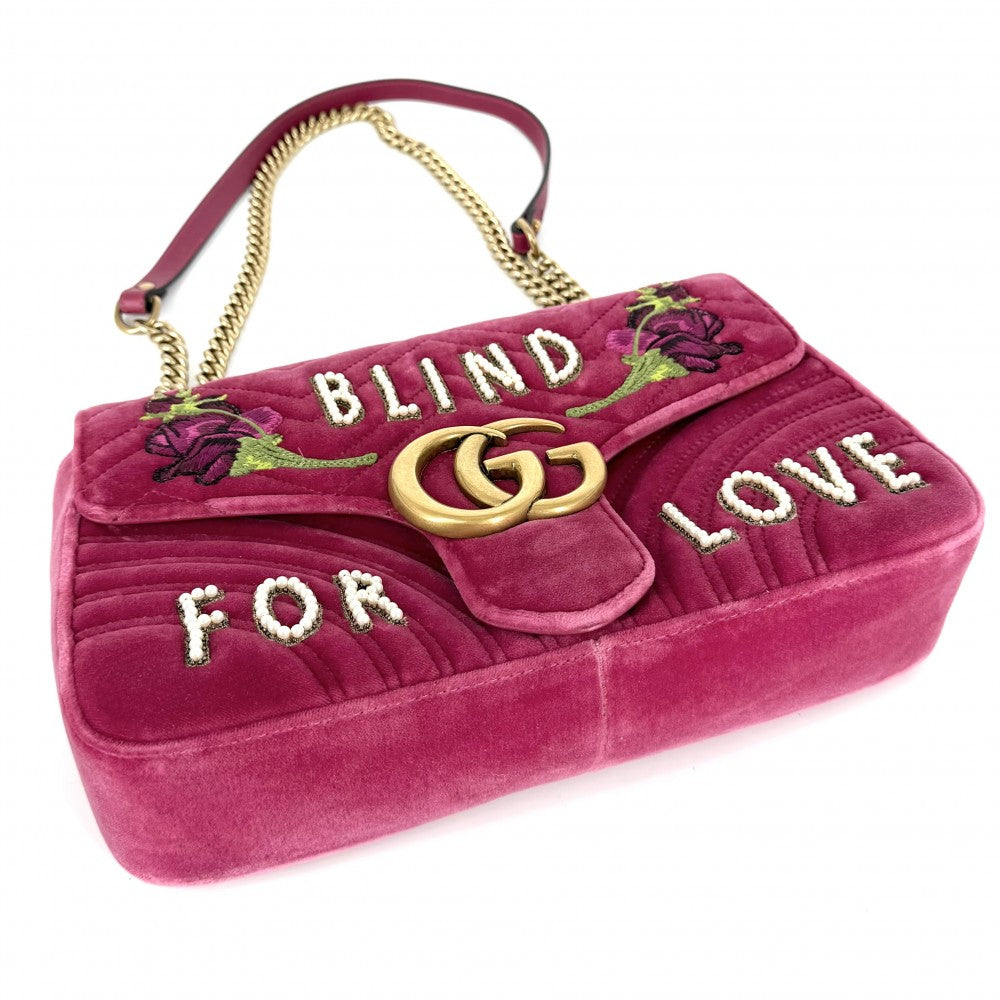 GUCCI グッチ ショルダーバッグ GGマーモント キルティング チェーン 刺繍 443496 ベロア レザー ピンク ゴールド金具 レディース【中古品】