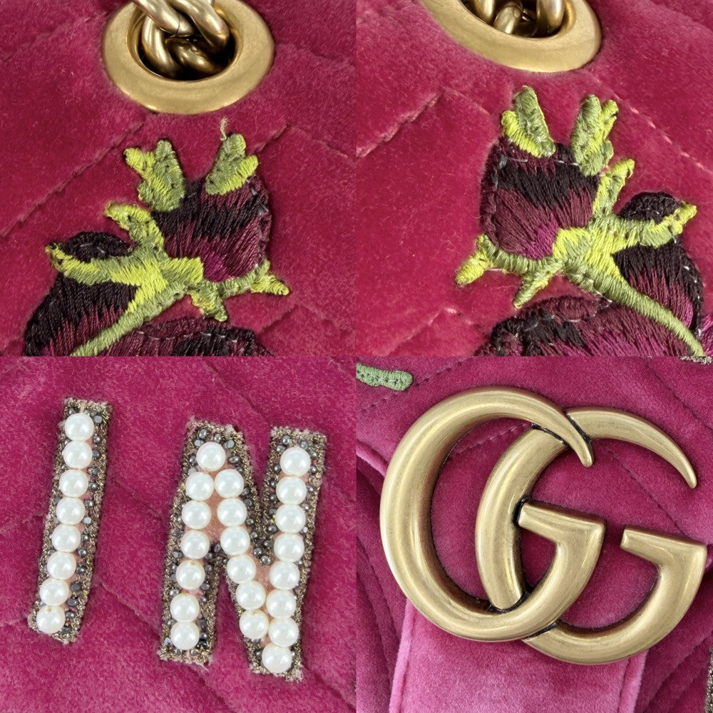 GUCCI グッチ ショルダーバッグ GGマーモント キルティング チェーン 刺繍 443496 ベロア レザー ピンク ゴールド金具 レディース【中古品】