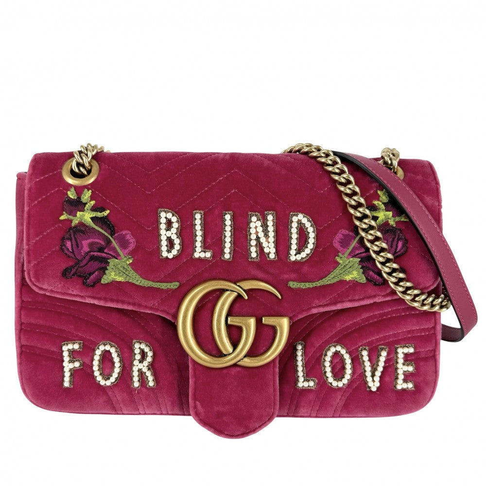 GUCCI グッチ ショルダーバッグ GGマーモント キルティング チェーン 刺繍 443496 ベロア レザー ピンク ゴールド金具 レディース【中古品】