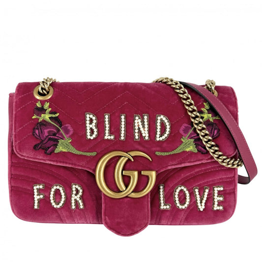 GUCCI グッチ ショルダーバッグ GGマーモント キルティング チェーン 刺繍 443496 ベロア レザー ピンク ゴールド金具 レディース【中古品】