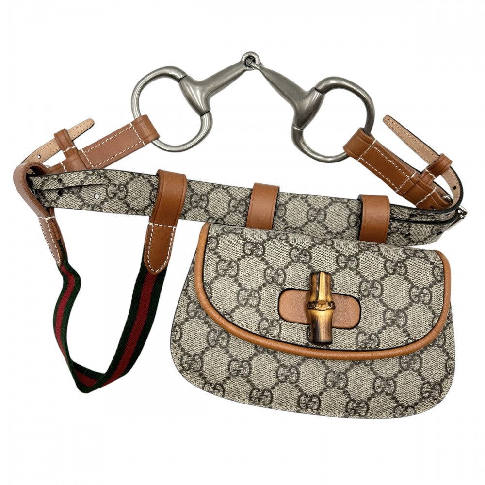 【開店SALE】 GUCCI グッチ ウエストバッグ バンブー ボディバッグ ウエストポーチ 鞄 かばん 681137 GGスプリームキャンバス レザー ベージュ ブラウン 茶 シルバー金具 メンズ【中古品】