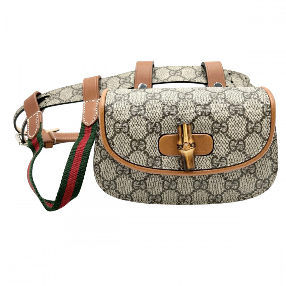 【開店SALE】 GUCCI グッチ ウエストバッグ バンブー ボディバッグ ウエストポーチ 鞄 かばん 681137 GGスプリームキャンバス レザー ベージュ ブラウン 茶 シルバー金具 メンズ【中古品】